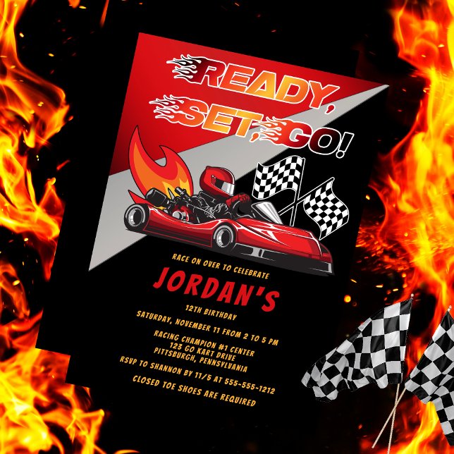 Vermelha | Convite de Aniversário da Corrida de Ka (Red and Black Go Kart Racing Birthday Invitation)