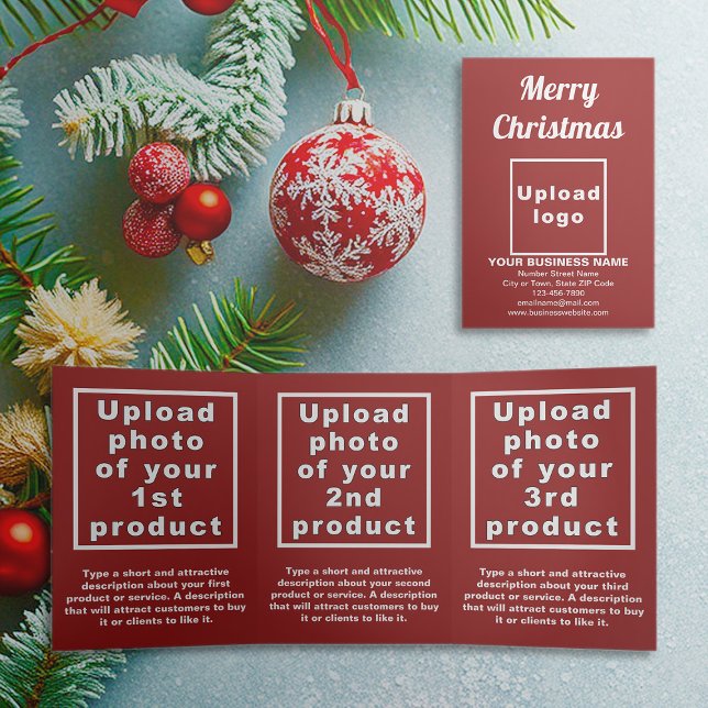 Vermelha | Natal | Cartão triplo comercial (Red trifold card for Christmas with your business brand and products or services)