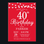 Vermelho aniversário de 40 anos de Convite<br><div class="desc">aniversário de 40 anos com luzes de cordas. Fundo Vermelho. 13 15 16º 18º 20 21 rua 30 40º 50º 80 de 60º 70 de 100º,  qualquer idade. Para mais personalização,  clique no botão "Personalizar" e use a ferramenta design para modificar este modelo.</div>