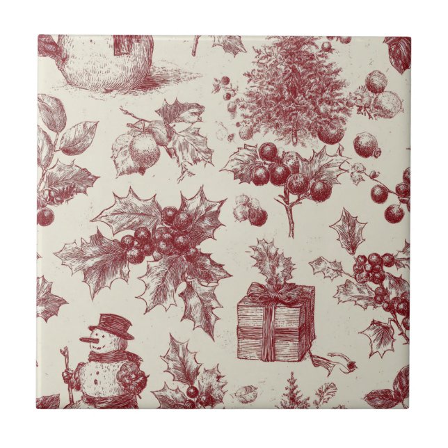 Vermelho Antigo Toile Natal Botânico - Azevinho (Frente)