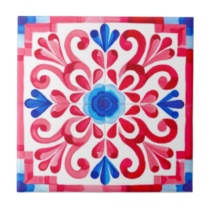 Vermelho e Azul Floral Talavera Tradicional Mexica