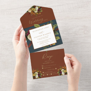 Vermelho Russo Orange Floral Buquê Teal Wedding