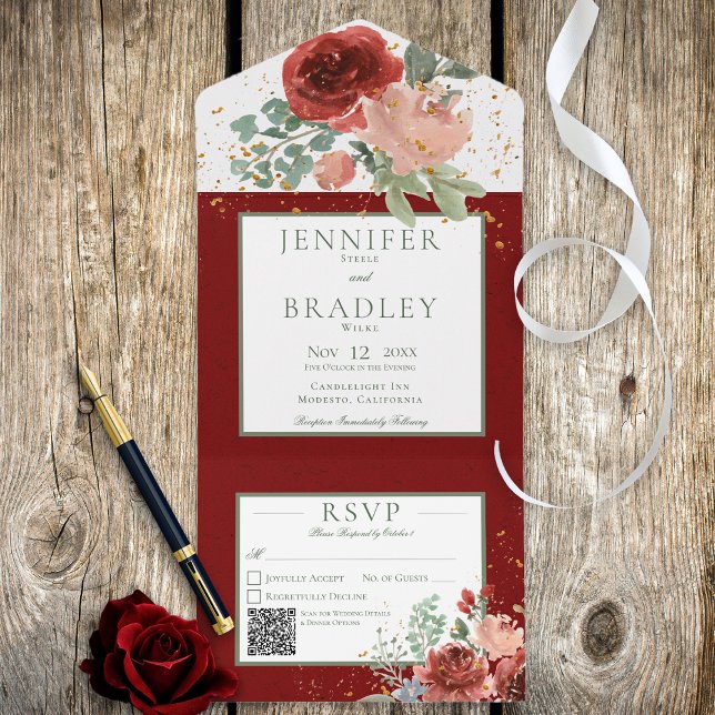 Vermelho Rústico Rosa e Dourado Código QR Floral (Criador carregado)