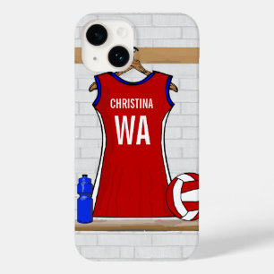 Vermelho Uniforme Netball Personalizado com Azul e