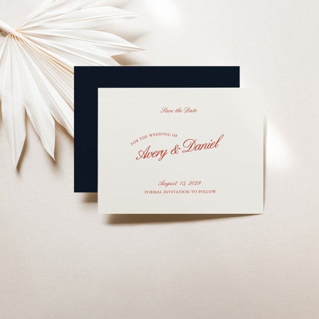 Vermelhos Vermelhos e Azuis Profundos Elegantes Gu (Elegant Retro Red & Deep Blue Save the Date Card)