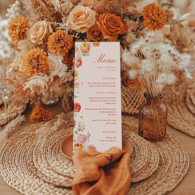 Verona Sunset Orange Floral Wedding Flat Menu (Criador carregado)