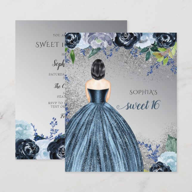 Vestido Azul Glitter Orçamento Doce 16 Convite (Frente/Verso)