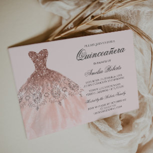 Vestido Brilho Dourado Rosa Convite Quinceanera