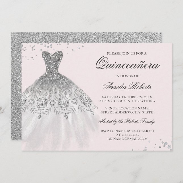 Vestido Cinza Rosa Cinza Quinceanera Convite (Frente/Verso)