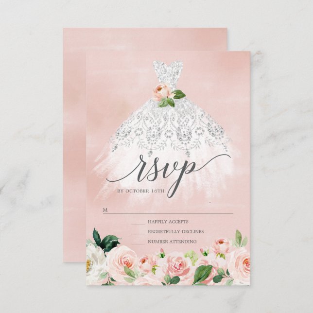 Vestido Floral Elegante Quinceanera RSVP Convite (Frente/Verso)