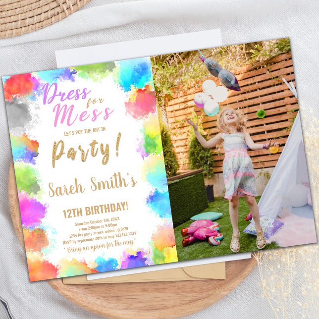 Vestido para o Convite de Aniversário de Mess Pain (Dress for Mess Paint Birthday Invitations w photo)