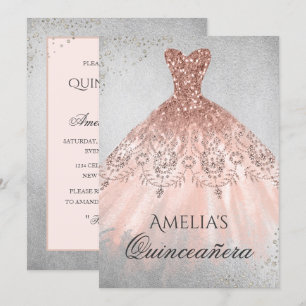 Vestido Rose Gold Convite Quinceanera Brilho Prata