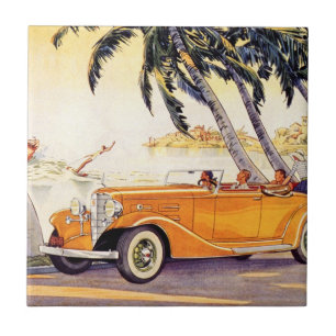Viagem de família vintage em um carro conversível