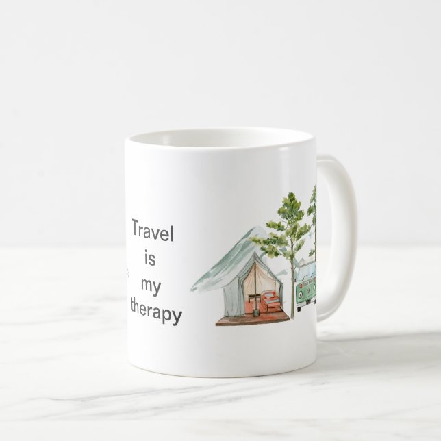 Viagem é minha terapia, caneca para um viajante, u (Frente Esquerda)