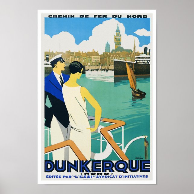 Viagens vintage Poster de Dunkerque Harbour França (Frente)
