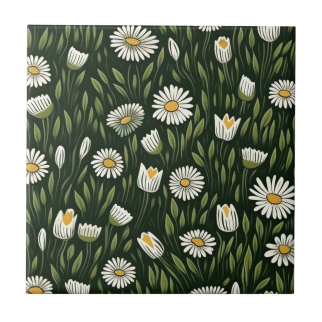 Vibrant Daisy Pattern with Lush Green Accents (Frente)