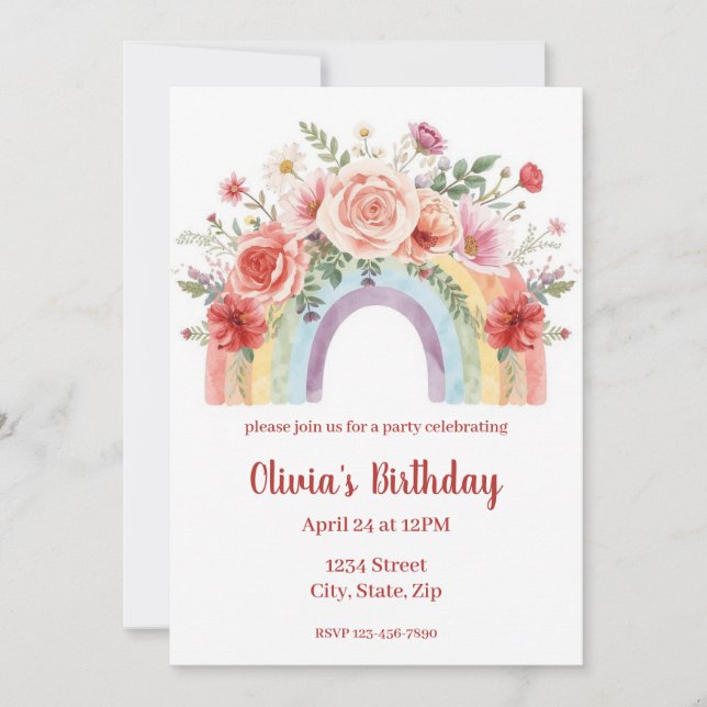 Vibrant Floral Rainbow Watercolor Birthday Party (Frente)