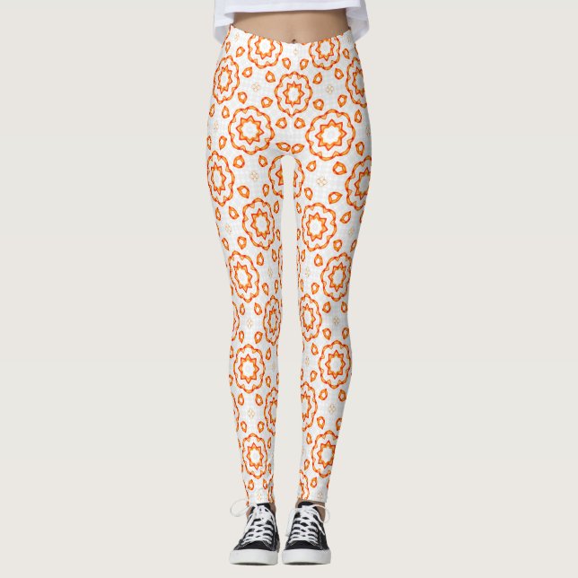 Vibrant Golden Orange Geometric Floral Leggings (Frente)