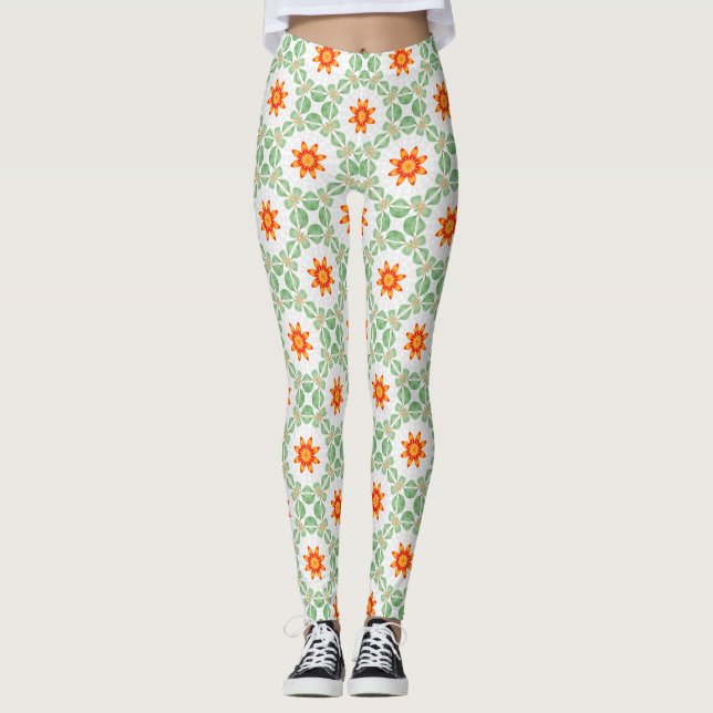 Vibrant Green & Orange Floral Leaf Pattern Legging (Frente)
