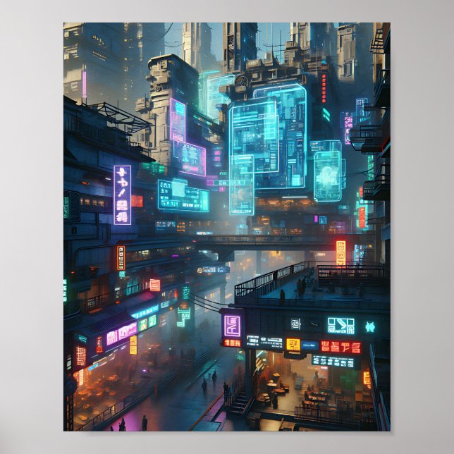 Vibrant Neon Cyberpunk Street Scene Poster (Frente)