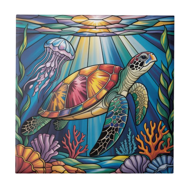Vibrant Stained Glass Sea Turtle Ocean Design (Frente)