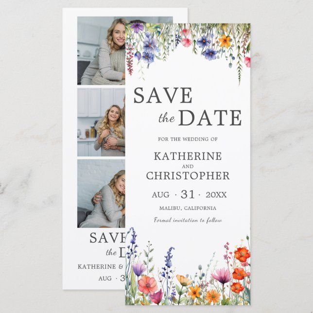 Vibrant Wildflowers 3 Photo Wedding Save the Date (Frente/Verso)