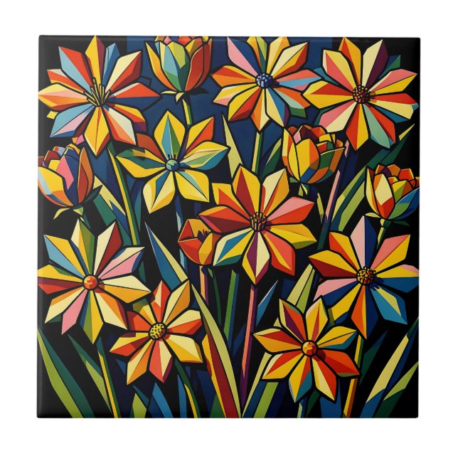 Vibrante Buquê de Flores Geométricas Arco-íris (Frente)