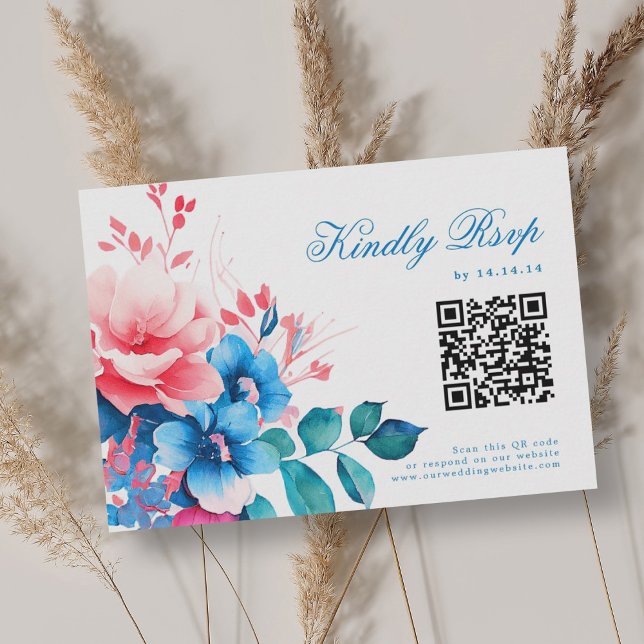 Vibrante Romântica Casamento Floral Azul RSVP QR (Romantic Vibrant Blue Floral Wedding RSVP QR)