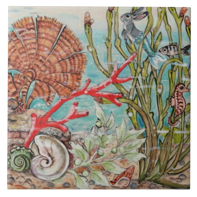 Vida marinha Sereia Rabbit Seacavalo Coral Mural P (Frente)