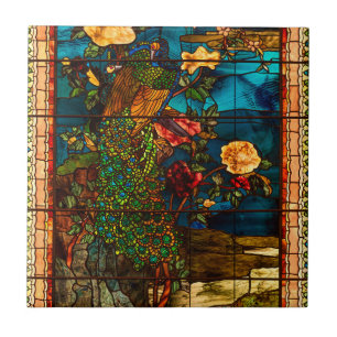 Vidro Colorido Antigo com Pavões e Flores