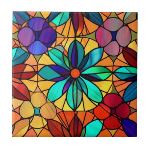 Vidro Colorido Floral Flor Azul Antigo