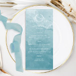 Vidro do Mar Chic Aquarela, Menu Casamento Monogra<br><div class="desc">Aprecie seus convidados com este belo cardápio de água-coloração do mar, apresentando um elegante monograma botânico desenhado à mão com casais sobre um requintado fundo de lavagem de aquarela em uma bela mistura de vidro do mar, sábio e aqua, tons de turquesa. Fácil de preencher modelo com seus detalhes e...</div>
