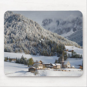 Vila alpina pequena no mousepad da neve