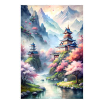 Vila de Aquarela Japonesa | Impressão de Paisagem