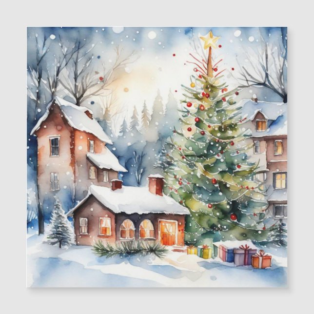 vila de Natal com árvore de Natal nevando imagem (Frente)