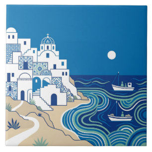 Vila Mediterrânea Azul e Branco e Paisagem Marítim