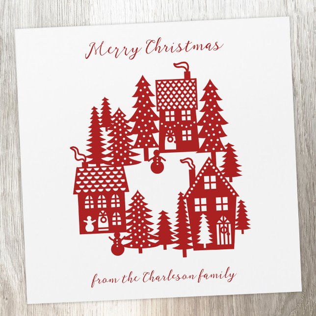 Village Red and White (Personalized Christmas Village red and white card)