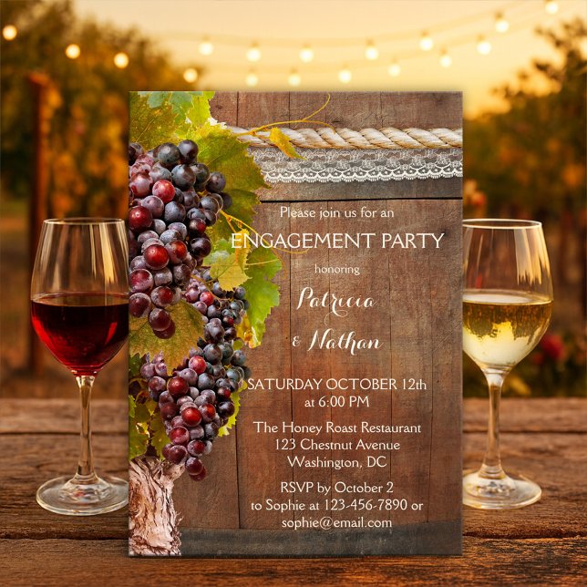 Vinha Vinha Convite para Noivado (Engagement party invitation featuring grapevines with lace and rope on a rustic wood wine barrel)