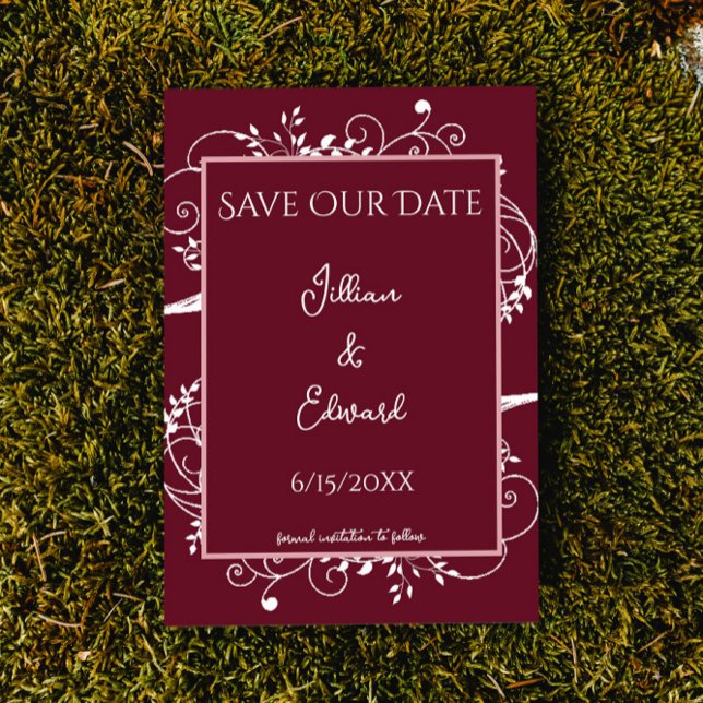 Vinho Florescente Salvar O Anúncio De Data (Wine Red Flourish Save the Date Wedding Announcement)
