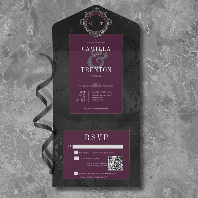 Vinho Preto Floral Satinado Gótico Escuro Código Q (Dark Gothic Black & Purple Floral Satin QR Code All In One Invitation)