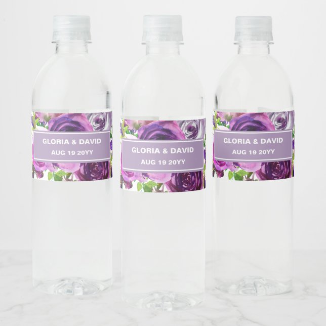Vinho Rótulo de Garrafa de Água Floral Roxo Romântico (Garrafas)