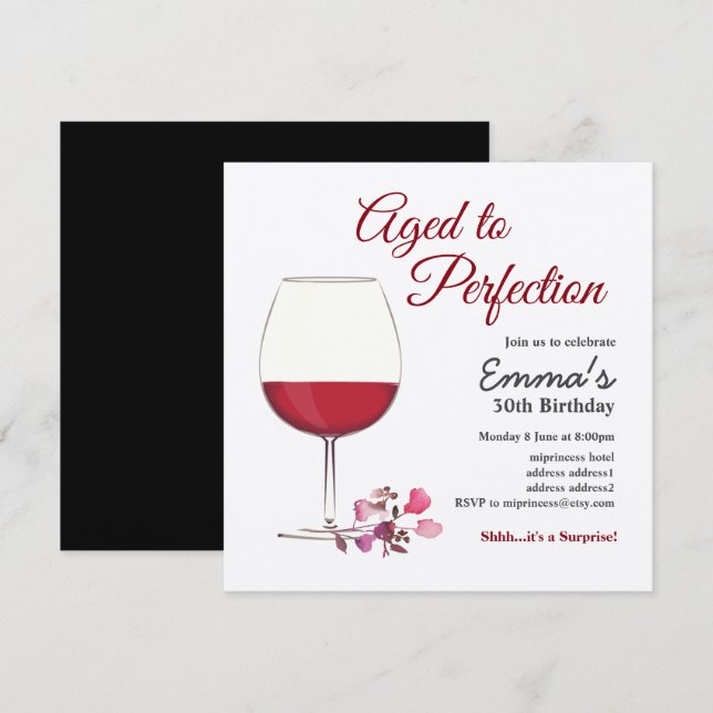 Vinho tinto, convite para vinho, Idade para Perfei (Frente/Verso)