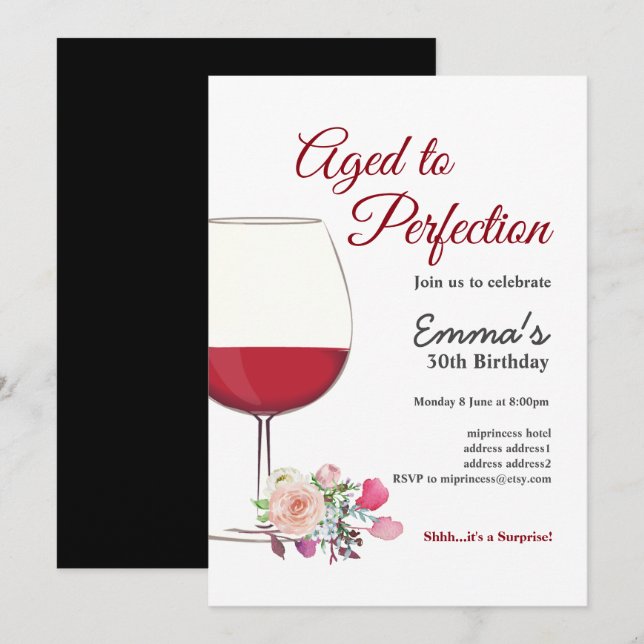 Vinho tinto, convite para vinho, Idade para Perfei (Frente/Verso)