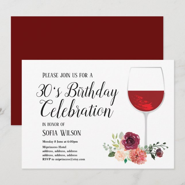 vinho tinto, floral, convite para festa de anivers (Frente/Verso)