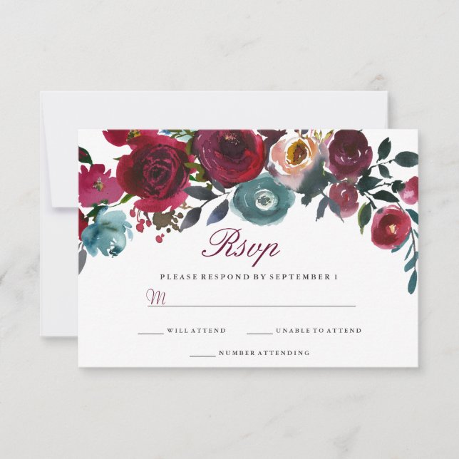 Vinho Vermelho Burgundy Casamento Floral RSVP (Frente)
