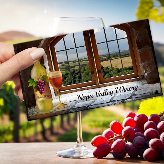 Vinhos de vinhas ou de vinhas, em Cartão de visita (Artistic business card for a winery or vineyard featuring a painting of a wine bottle with glass)