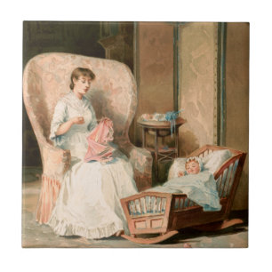 Vintage 1888 Mãe e Bebê Dormindo, Restaurado