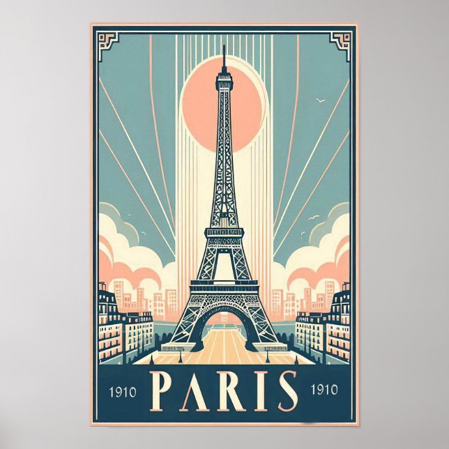 Vintage 1910 Paris Eiffel Tower Art Deco Poster (Frente)