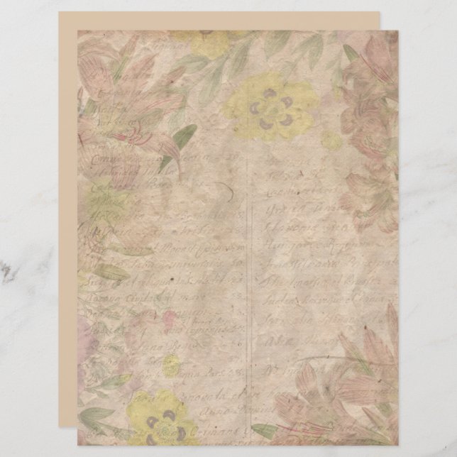 Vintage Antiguamente Rosa Dourado Papel Scrapbook  (Frente/Verso)