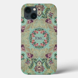 Vintage Aqua Purple Floral Remix com Iniciais